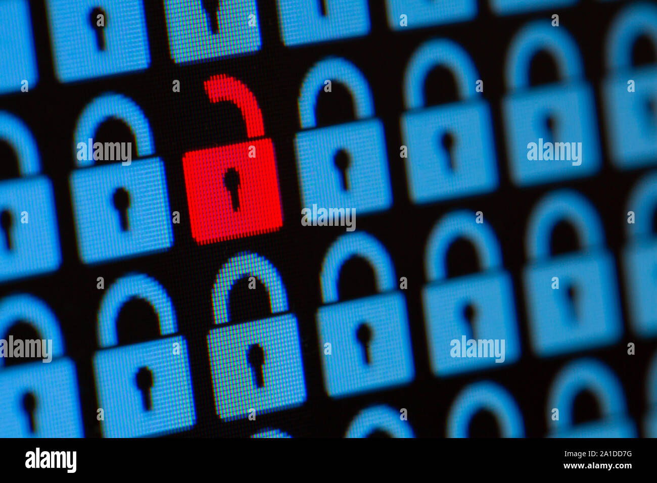 Open padlock as a symbol of the loss of personal information. Hacking or open data. Blue and red pixel locks on a black background, close up. Stock Photo