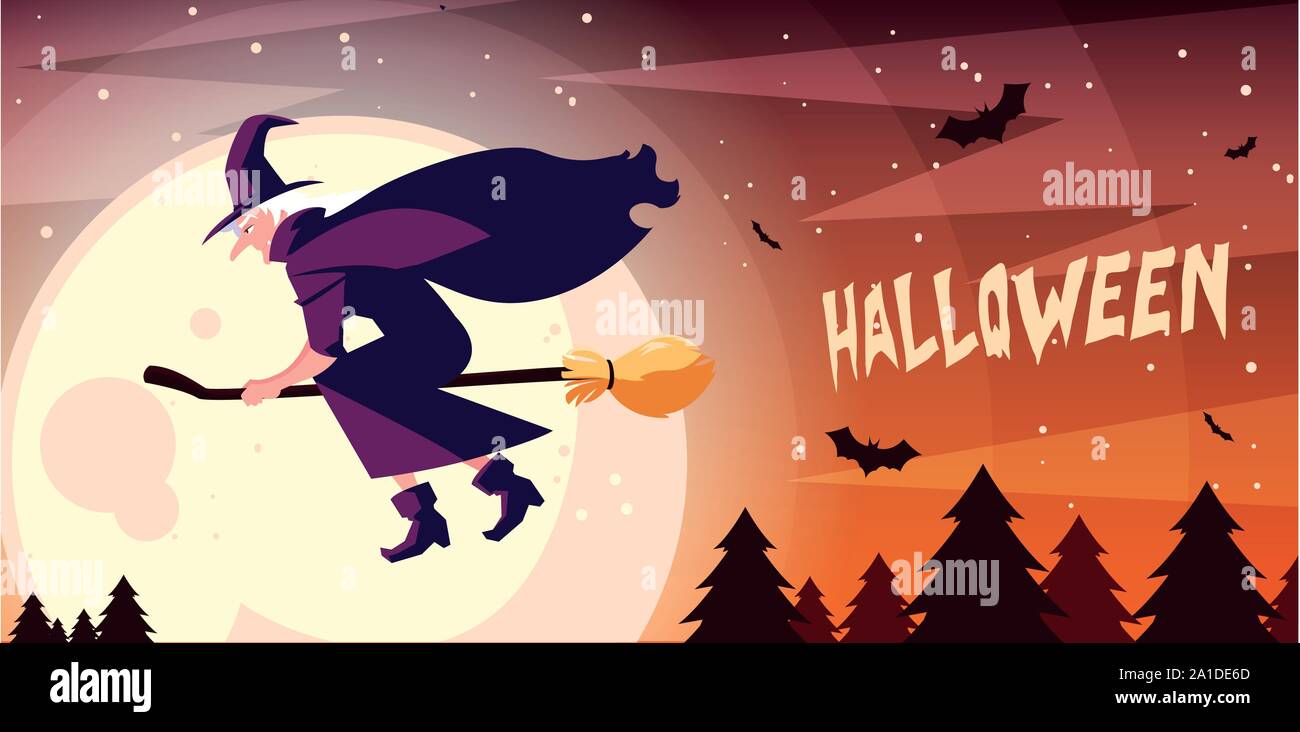 witch flying with broom in halloween scene vector illustration design ...