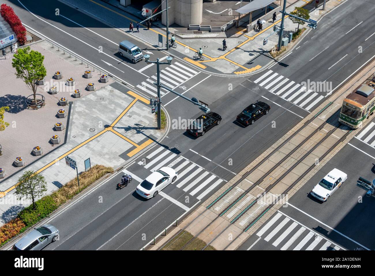 View of intersection from above, bird's eye view, Hiroshima, Japan Stock Photo