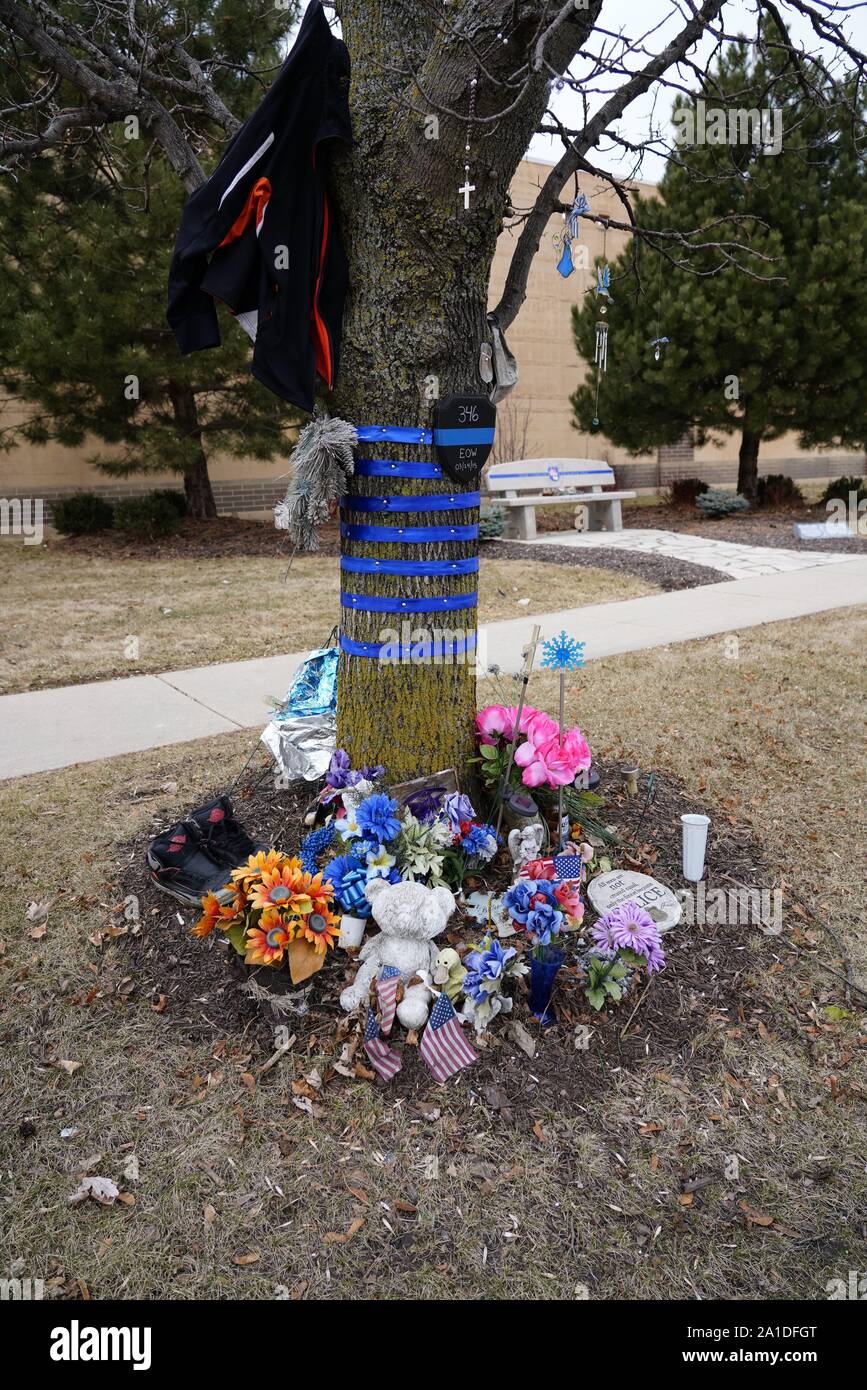 Memorial to Wisconsin State Trooper officer Trevor J. Casper stands on North Berger Parkway in Fond du Lac, Wisconsin Stock Photo