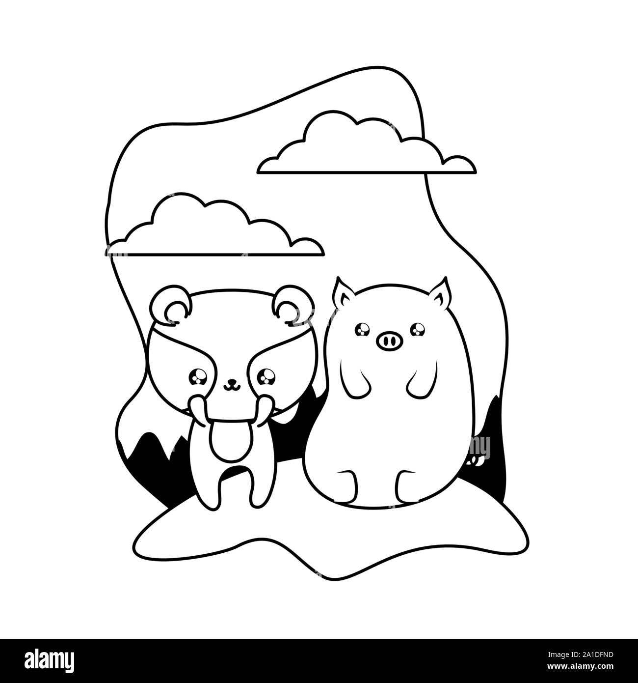 cute raccoon with piggy baby animals kawaii vector illustration design ...