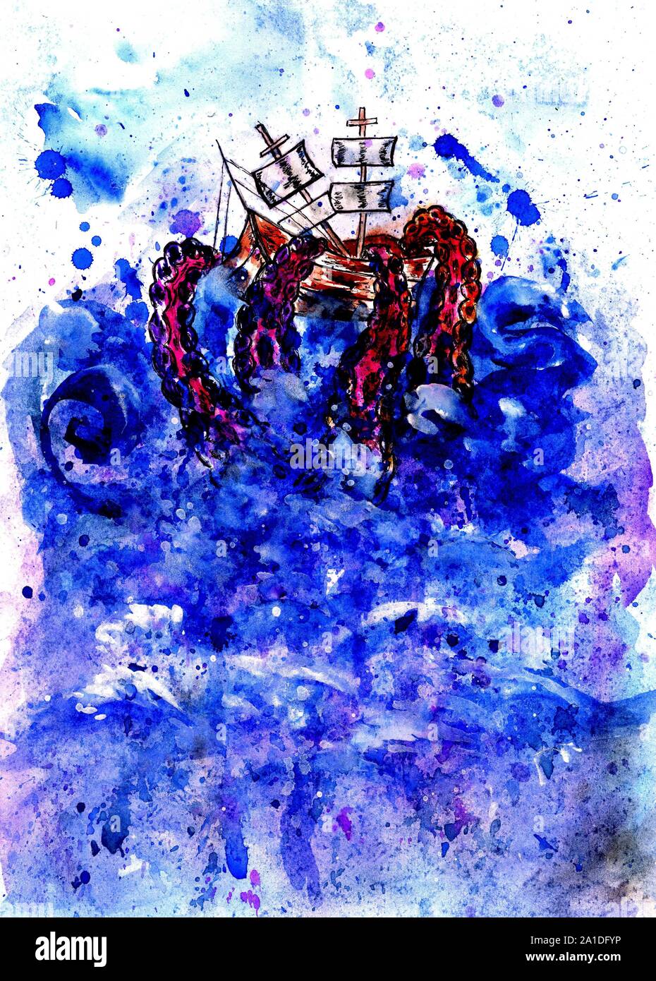 Giant octopus catches sail ship, grunge watercolor illustration Stock ...