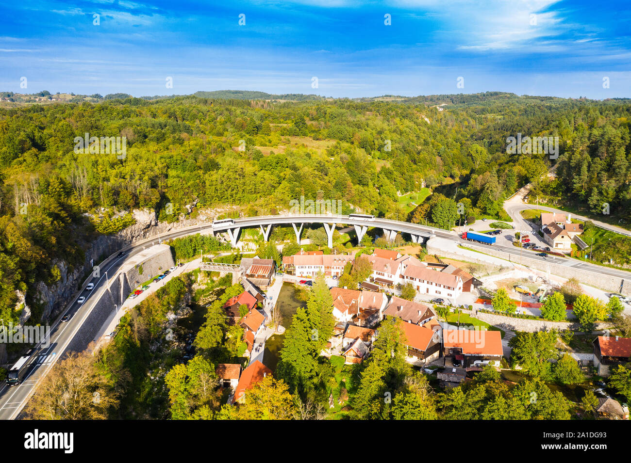 Croatia, Rastoke, village near Slunj in Croatia, old water mills on waterfalls of Korana river, beautiful countryside landscape, aerial drone shot Stock Photo