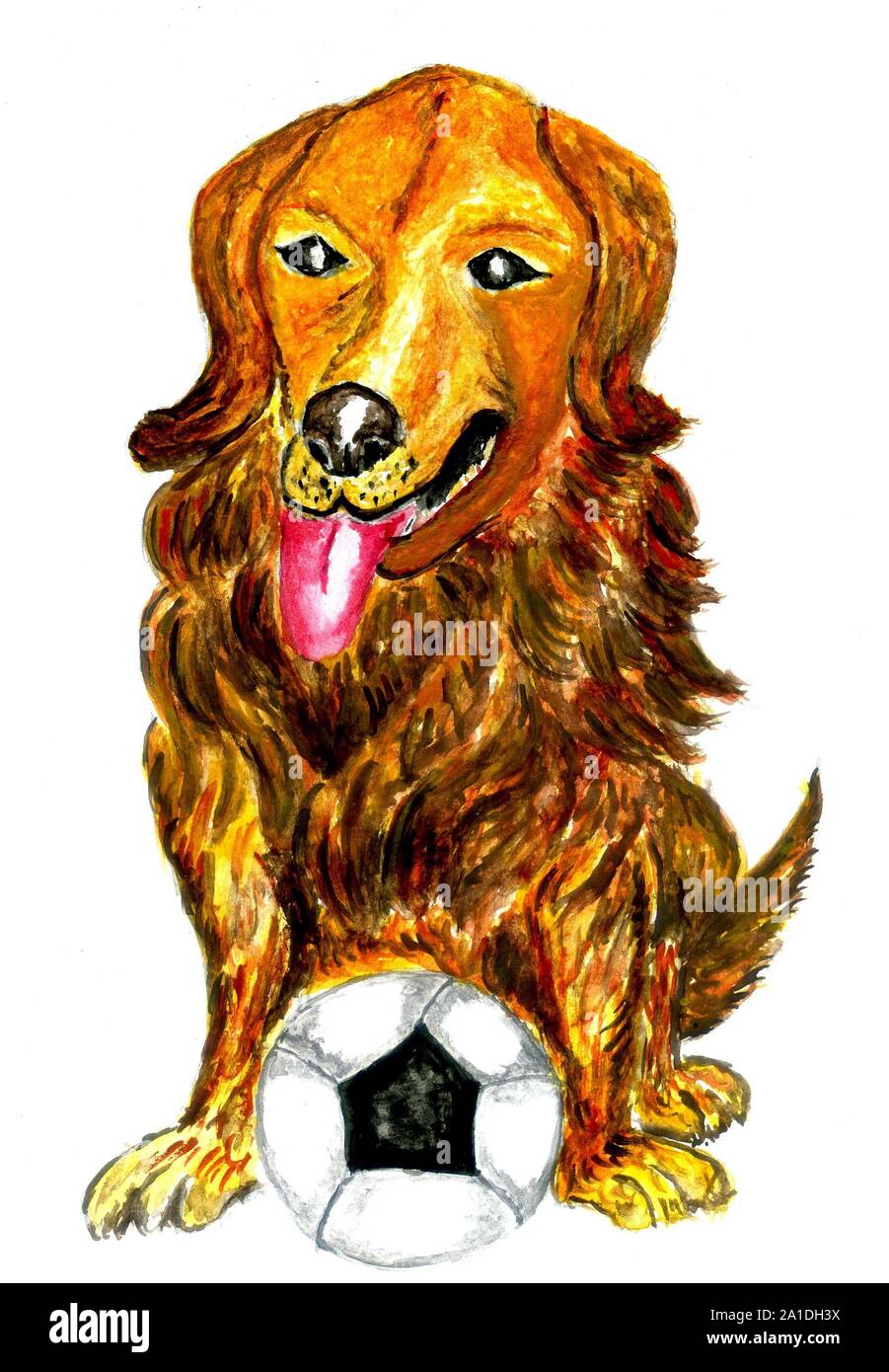 A cute cartoon dog with football, soccer ball watercolor illustration ...