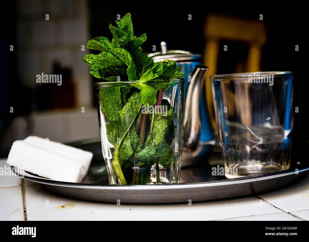Fresh mint in a tea glass in Essaouira, Morocco, Africa Stock Photo