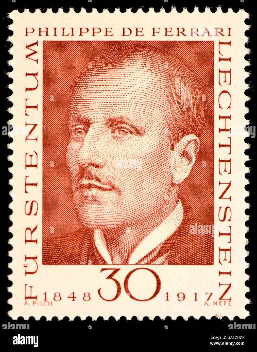 Liechtenstein postage stamp (1968) : Philippe de Ferrari (1848-1917) Philatelist credited with the most complete stamp collection in history Stock Photo