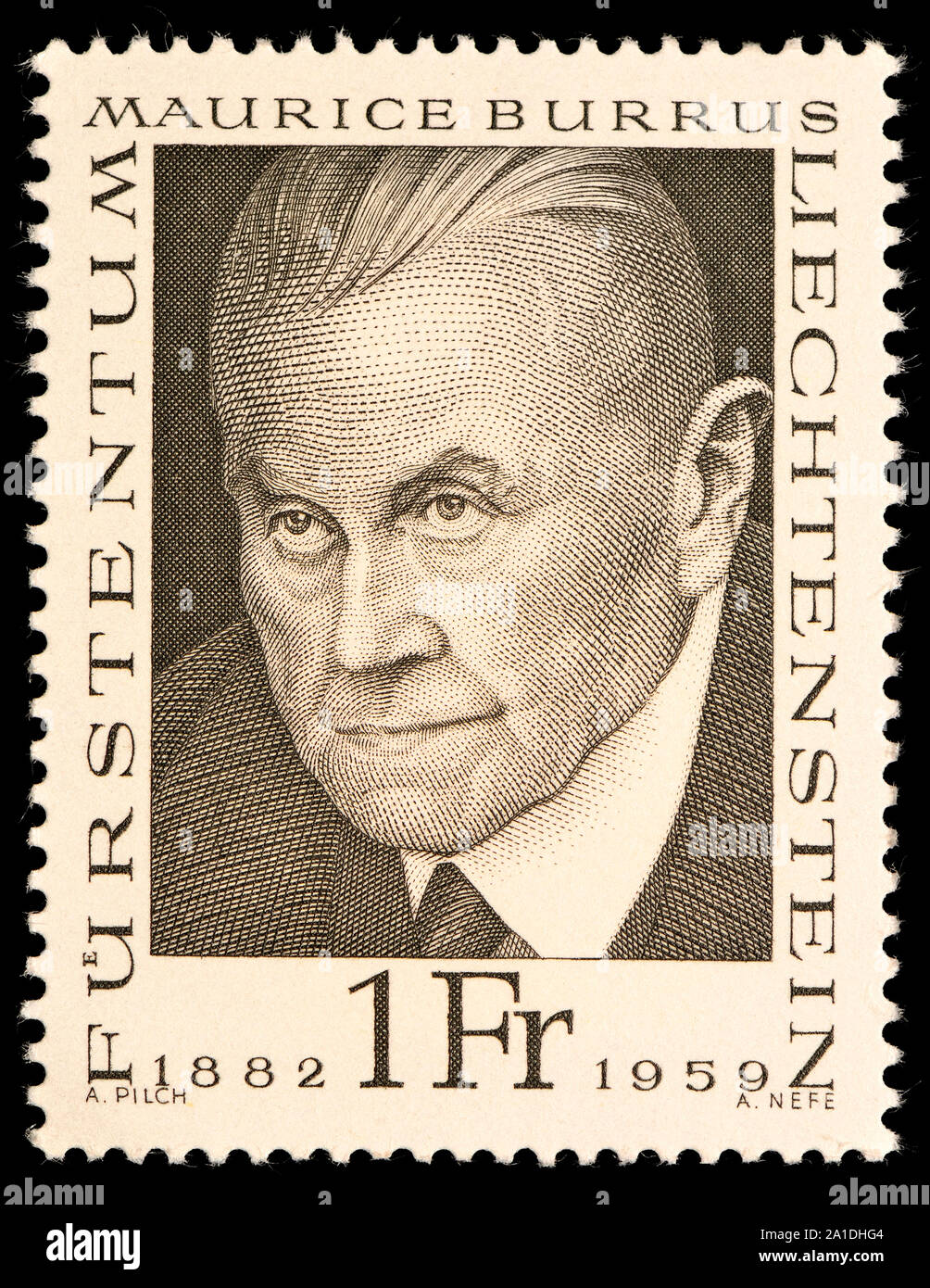 Liechtenstein postage stamp (1968) : Maurice Burrus (1882-1959) tobacco magnate, politician and philatelist Stock Photo