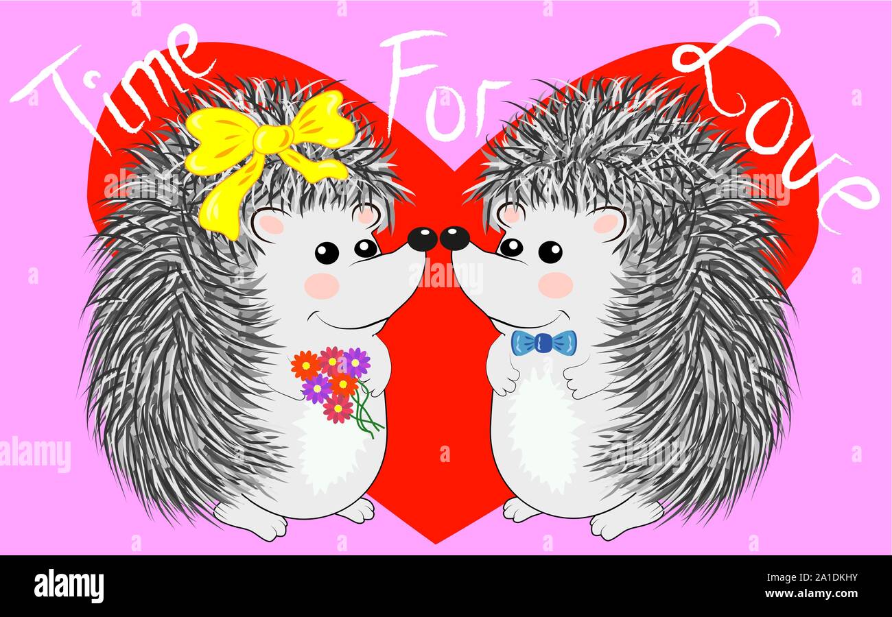 Invitation card with cute cartoon Hedgehogs in love with Heart and ...