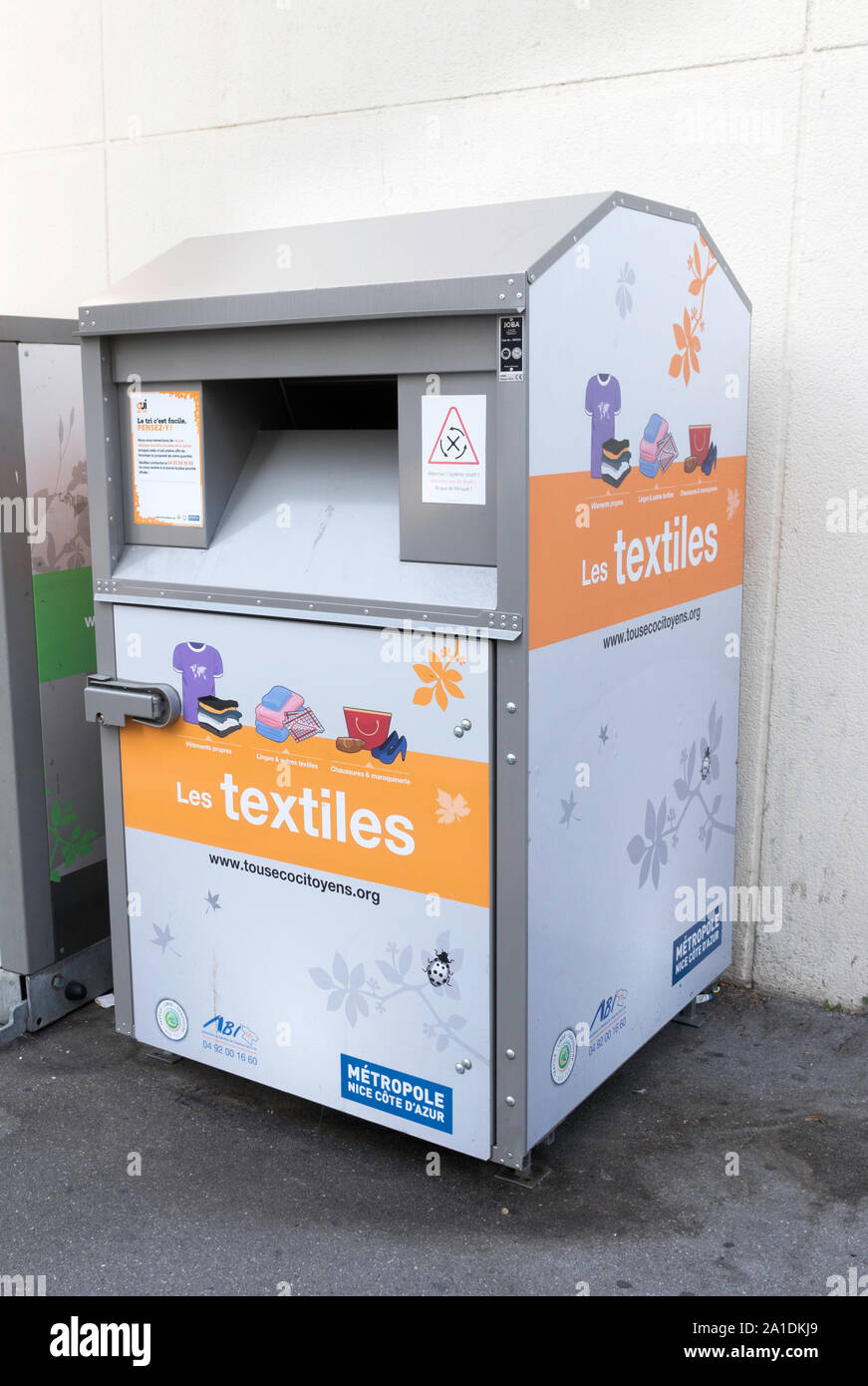 A JO-BA GmbH textilles recycling bin in Nice, France, Europe Stock Photo