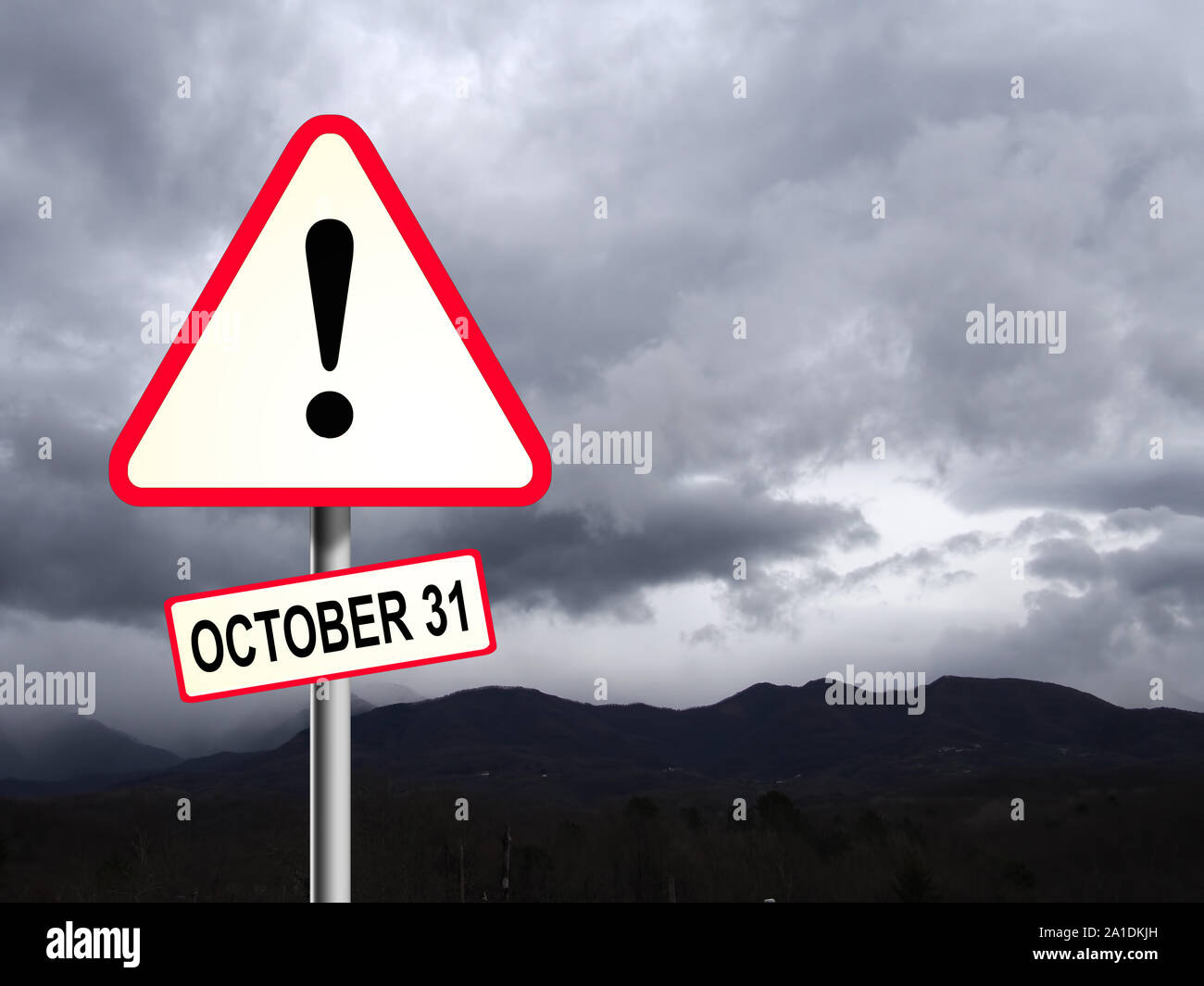 Red and white UK triangular road sign with a Brexit Danger Warning Ahead. October concept. Stormy sky behind. Stock Photo