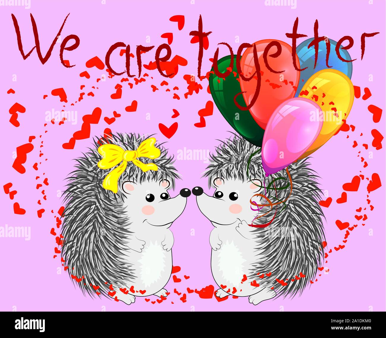 Invitation card with cute cartoon Hedgehogs in love with Heart and ...