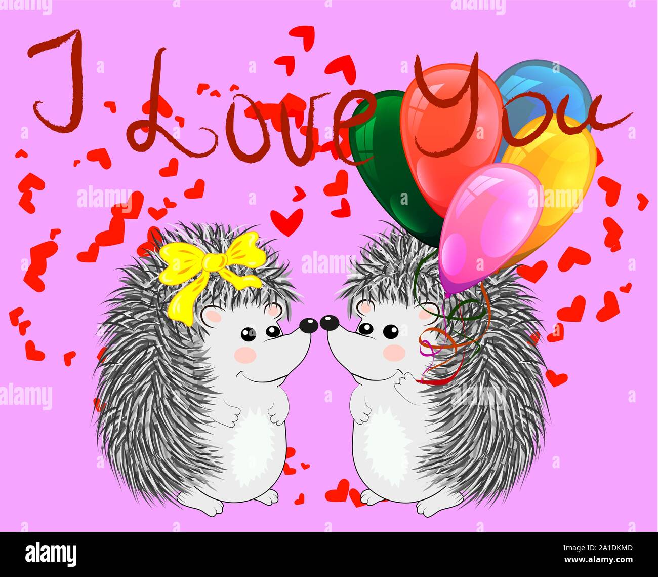 Invitation card with cute cartoon Hedgehogs in love with Heart and ...