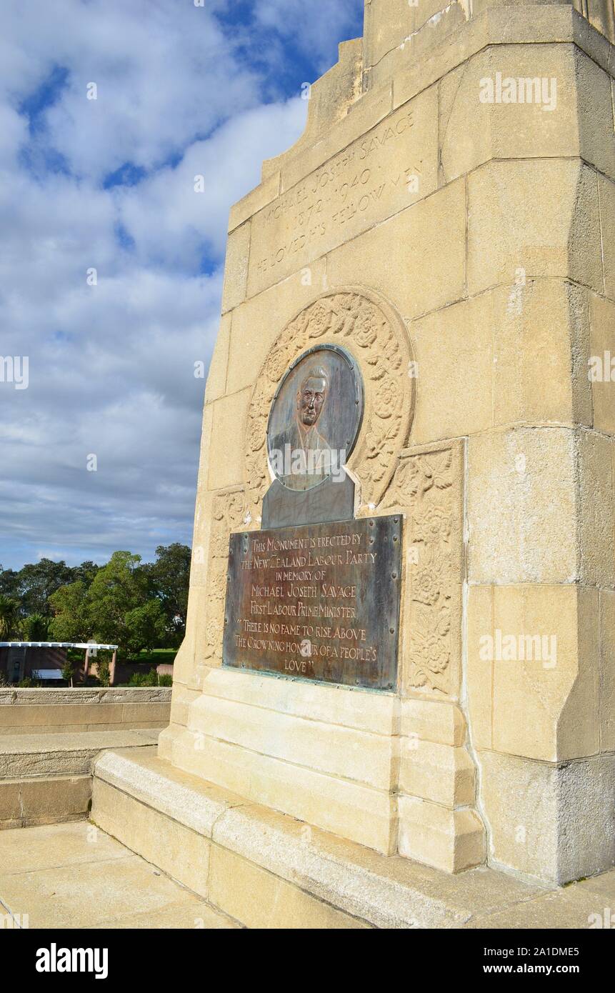Dedication on Michael Joseph Savage monument, NZ's First Labour Prime Minister Stock Photo