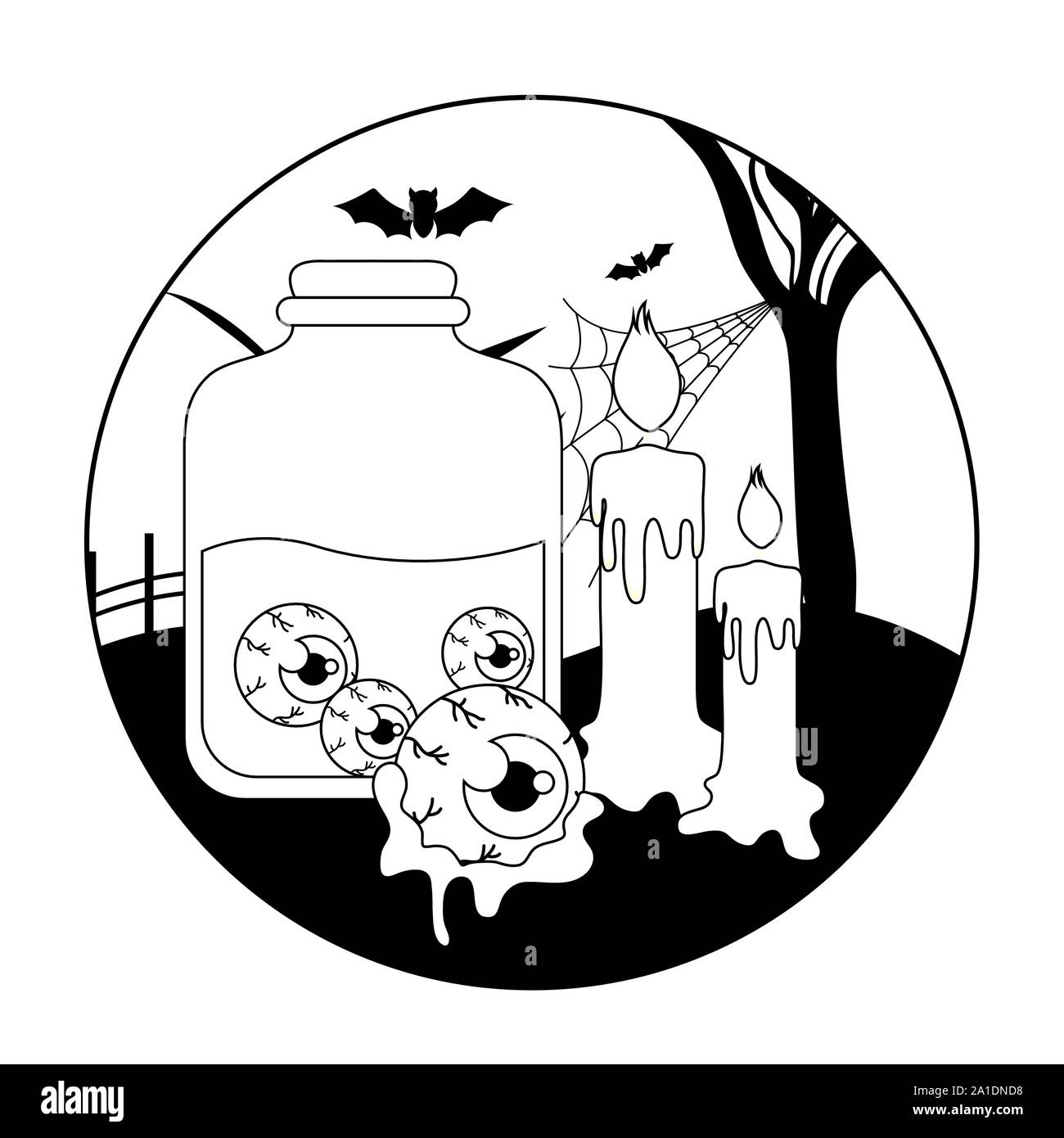 jar with eyes scary with icons in scene halloween vector illustration ...