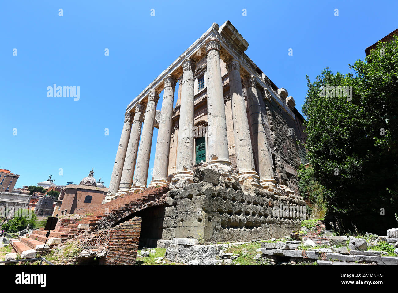 Archeological Remains in the Roman Forum: The Temple of Antoninus and Faustina Stock Photo