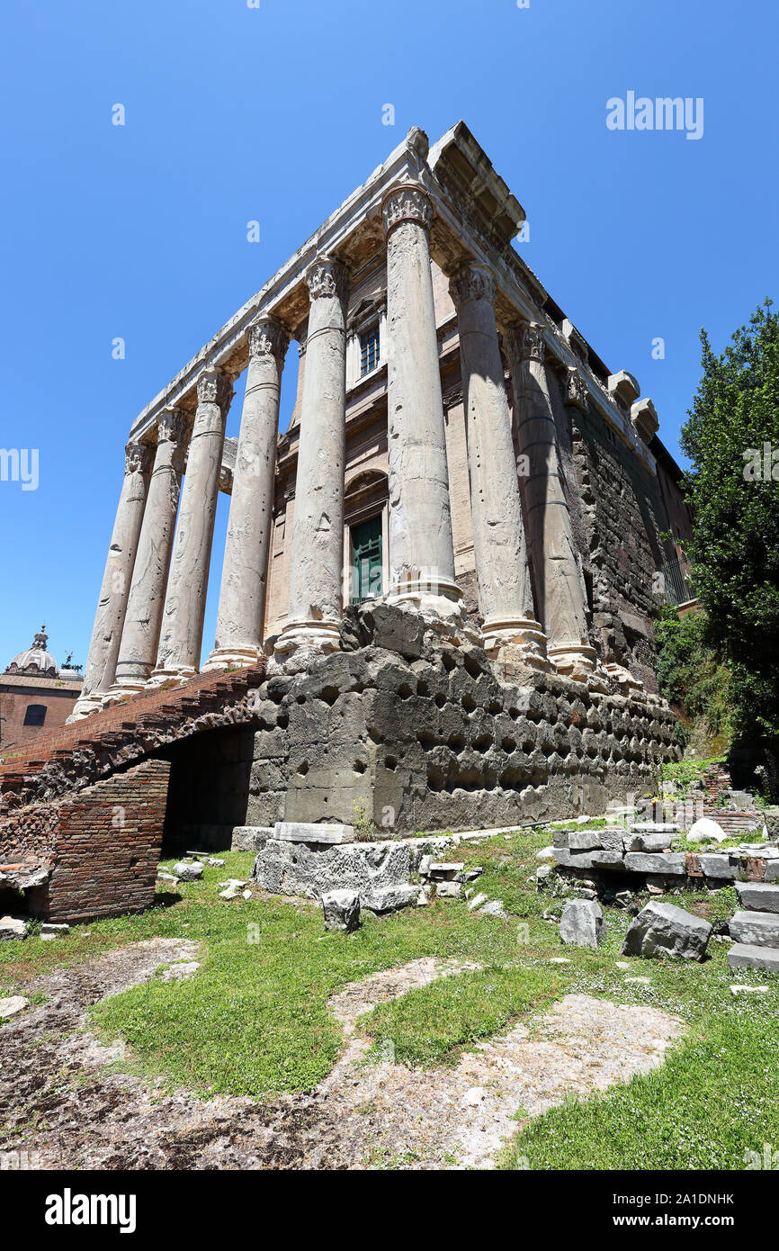 Archeological Remains in the Roman Forum: The Temple of Antoninus and Faustina Stock Photo