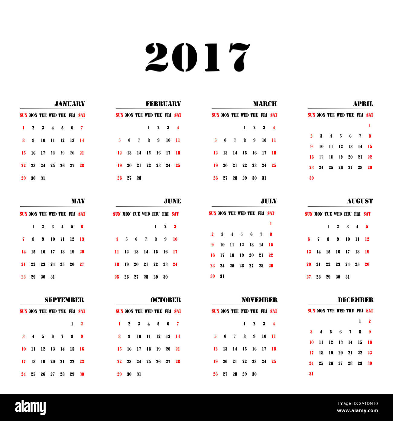 Calendar Of The Year 17 Monthly With Name Stock Photo Alamy