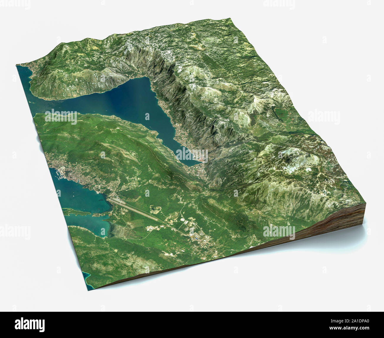 Satellite view of the largest fjord in the Mediterranean. The Bay of Kotor, Boka. 3d render. Section of the fjord. Map Stock Photo