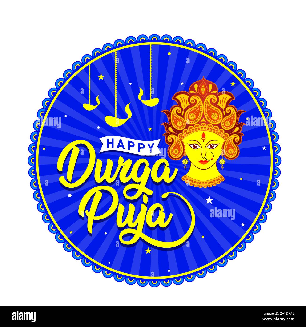 Happy Durga Puja. Indian Festival of Goddess Durga Maa Banner, Logo, Sticker Concept, Greeting, Icon, Poster, Unit, Label, Mnemonic on blue background Stock Vector