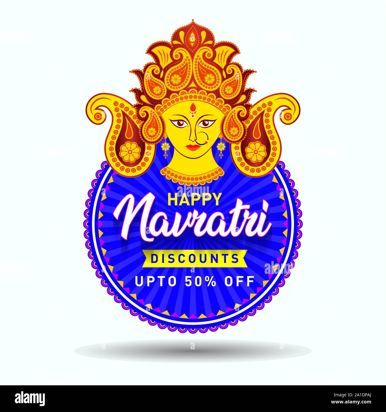 Happy Navratri Discount upto 50% off Sale Offer Logo, Banner, Sticker, Concept, Greeting, Icon, Poster, Unit, Label, Web, Mnemonic with Durga Maa Stock Vector