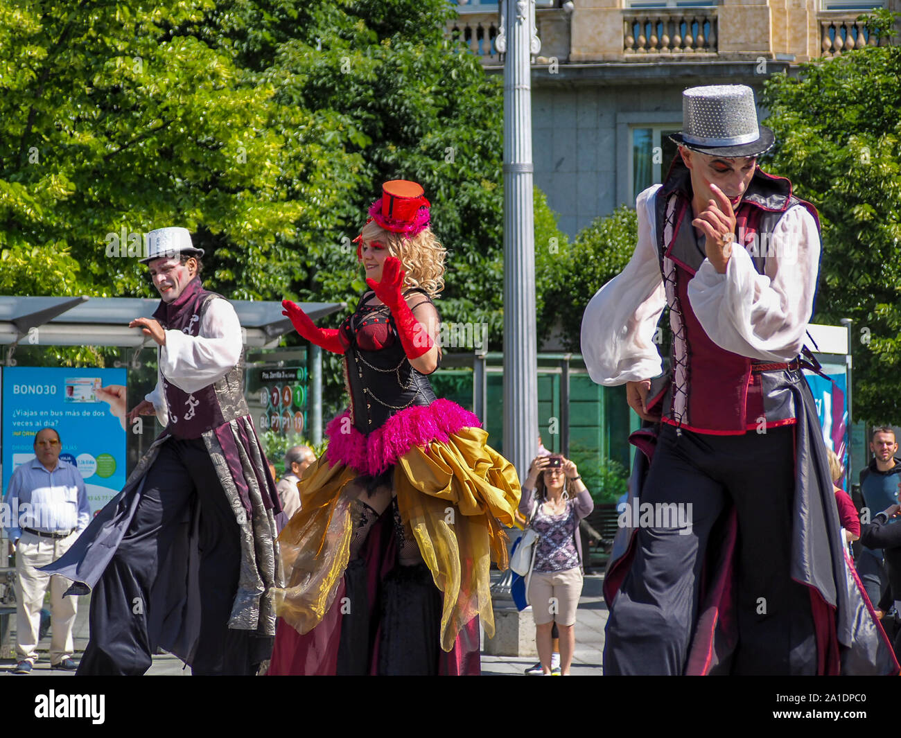 Dancers on stilts during the XV Intercultural Week Parade in Valladolid Stock Photo