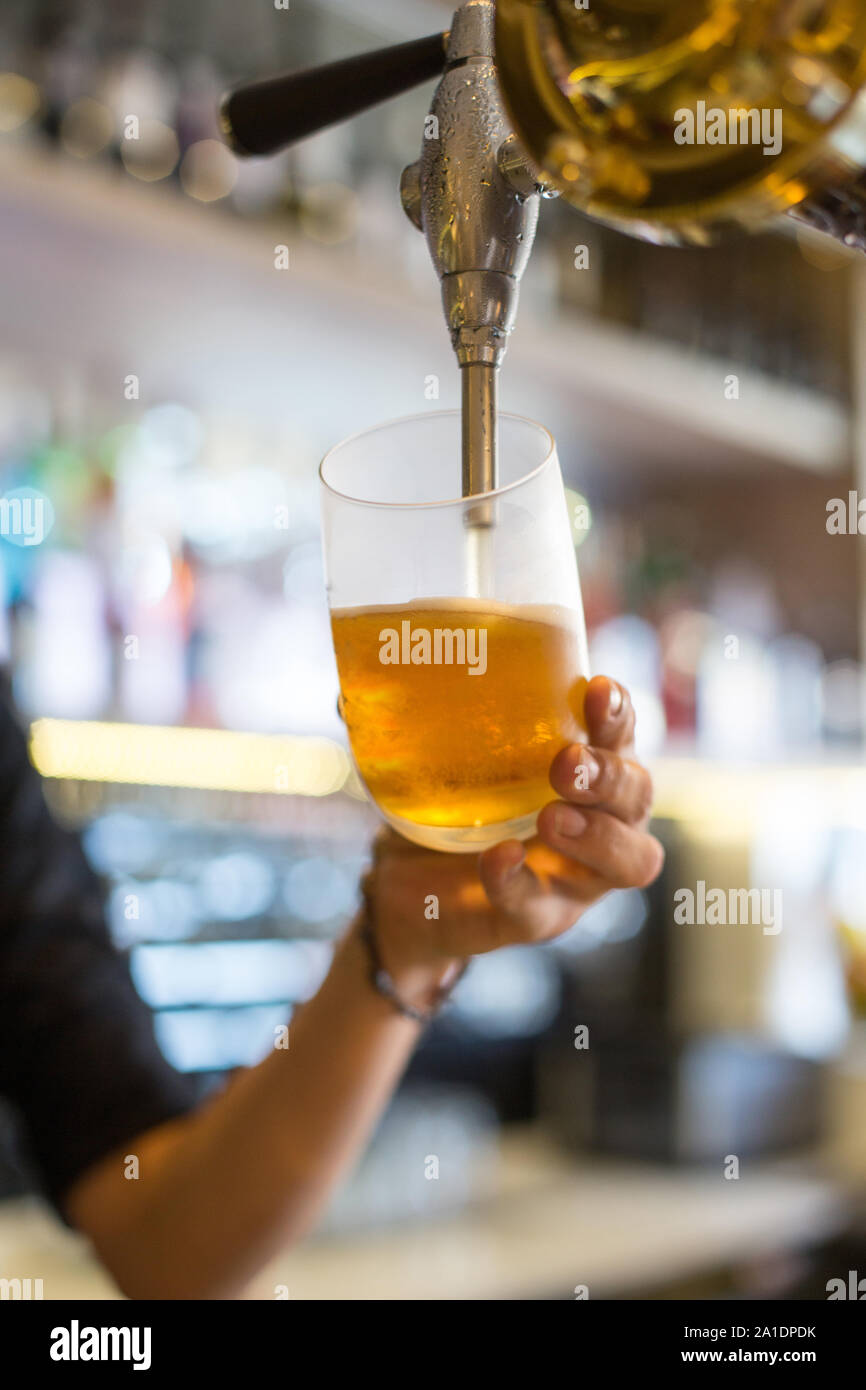 barman hand at beer tap pouring lager beer serving in a restaurant or pub Stock Photo