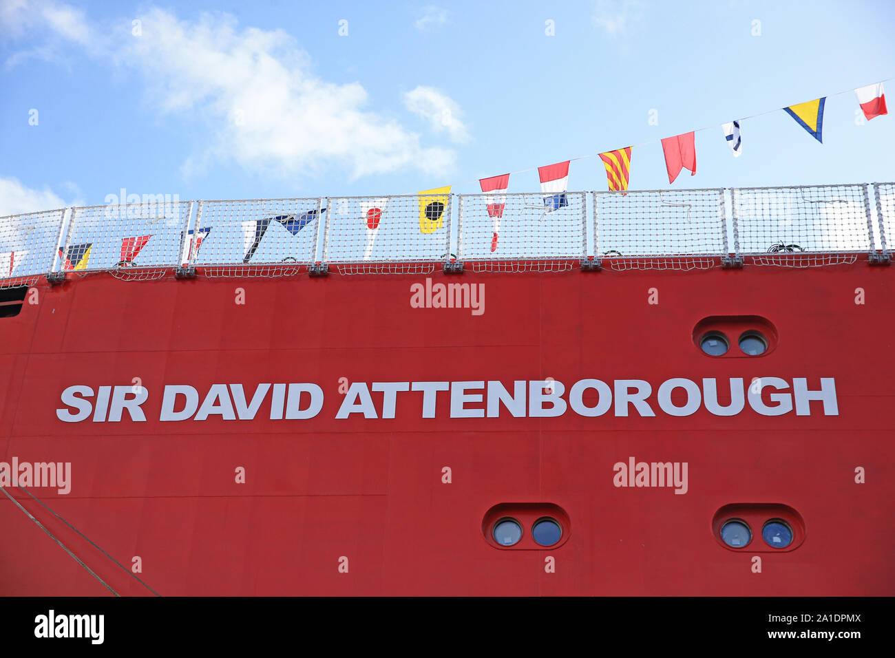 The naming ceremony of the polar research ship, which the public voted to call Boaty McBoatface, takes place at the Cammell Laird shipyard in Birkenhead, Merseyside. Stock Photo