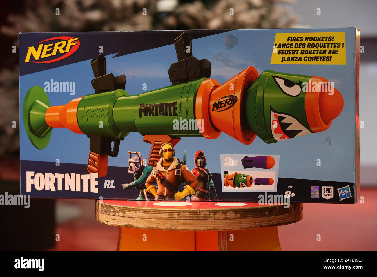 The new NERF Fortnite IRL blaster, based on the one used in the popular  video game, on display during the Hamleys Christmas toy showcase at  Hamleys, Regent Street, London Stock Photo -