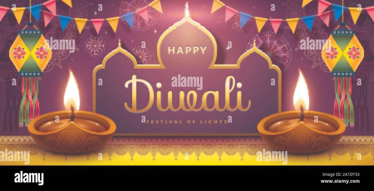 Happy Diwali festival banner with oil lamps and Indian lanterns on ...