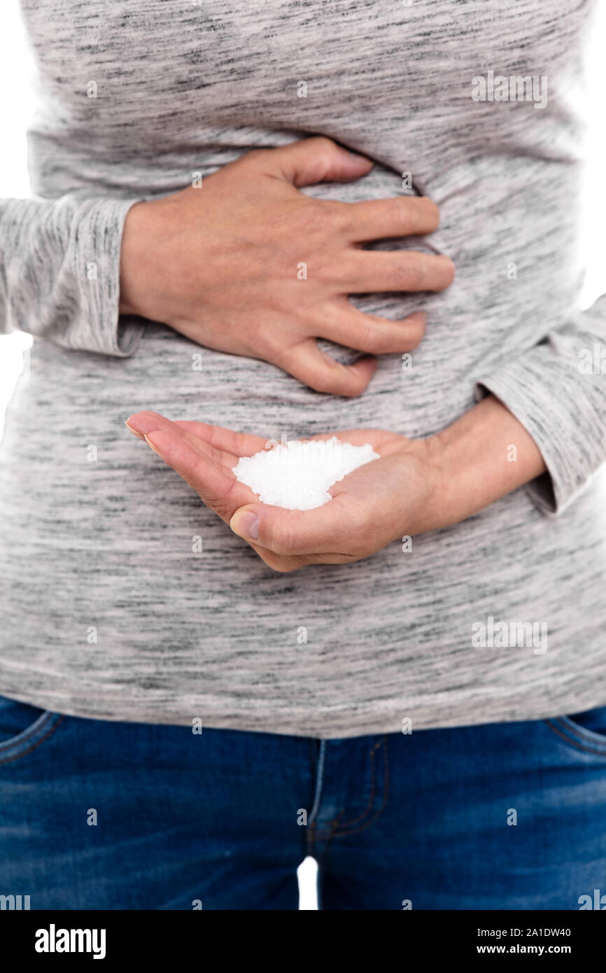 woman with sulfite allergy is having painful cramps Stock Photo