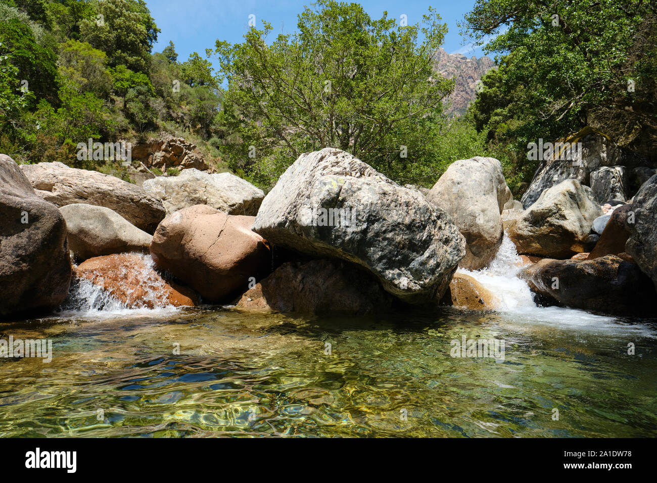The Lonca stream and rock pool in the Spelunca Gorge / Gorges de Spelunca in Corse-du-Sud Ota Corsica France - natural swimming pool. Stock Photo