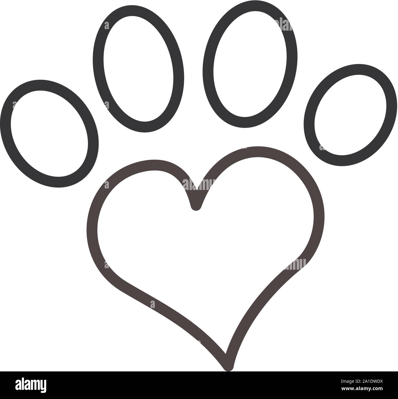 Cat paw footprint in heart. Vector. Love Cats. Animals, Pets, Puppies,  Kittens, Dogs . Red heart with cat white paw print inside. Symbol of love.  Postcard, emblem, icon, print, cover, sticker, t