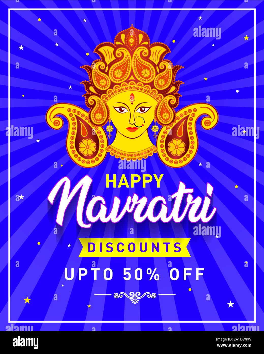 Happy Navratri Discount Upto 50% Off Banner of Indian Festival of Durga Puja Sale Offer Logo, Greeting, Poster Label, Mnemonic on blue rays background Stock Vector