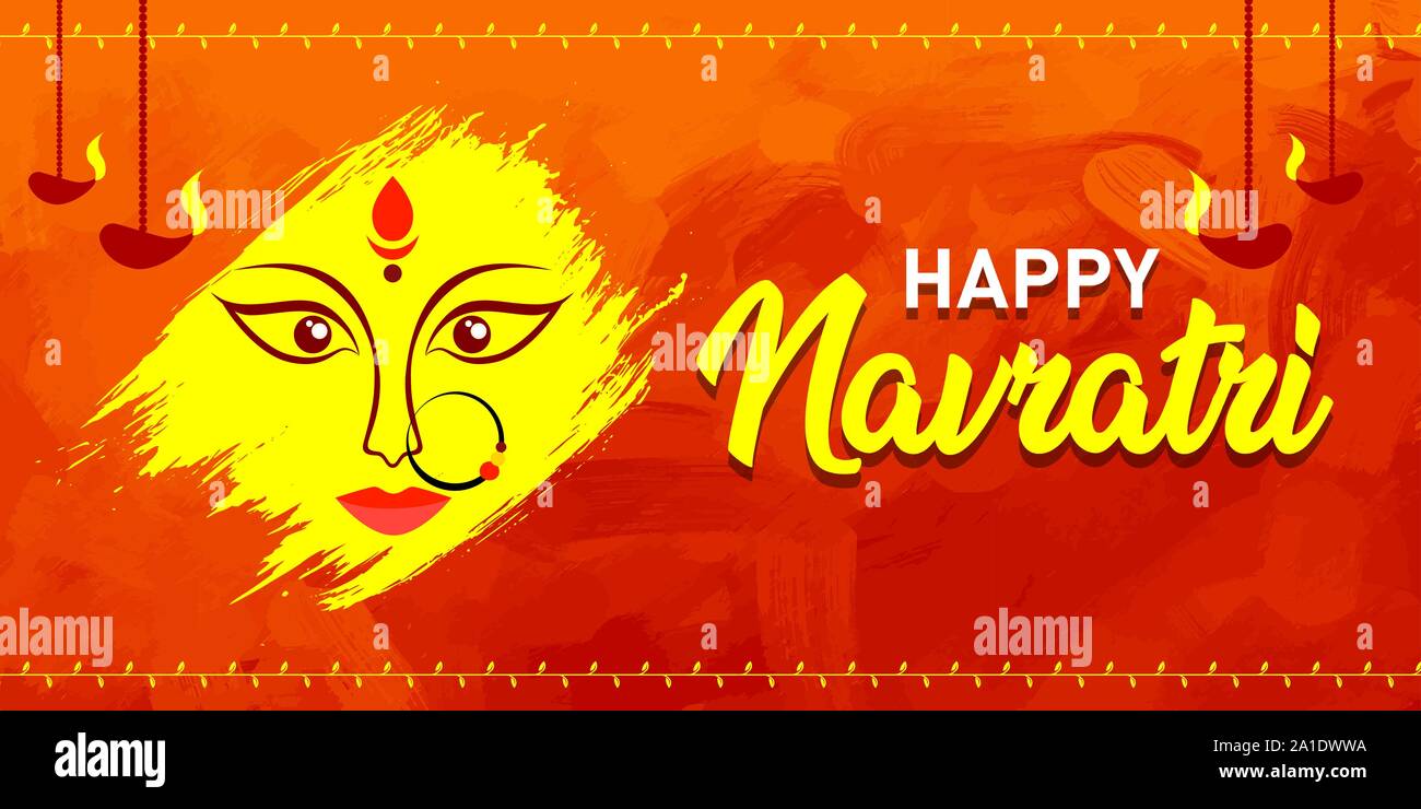 Happy Navratri. Indian Festival of Goddess Durga Maa Puja Banner, Logo,  Concept, Greeting, Poster, Mnemonic on Red paint brush strokes background  Stock Vector Image & Art - Alamy
