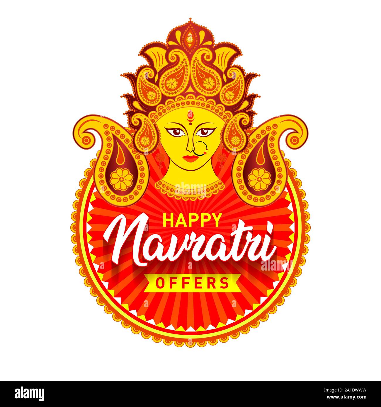 Sale Banner for Indian Festival of Navratri Celebration, Big Navratri Discount Sale Offer Logo design, Sticker, Concept, Icon, Mnemonic with Durga Maa Stock Vector