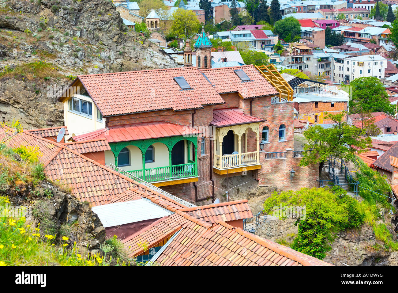 aerial view of houses with traditional wooden carving balconies of Old Town of Tbilisi, Republic of Georgia Stock Photo