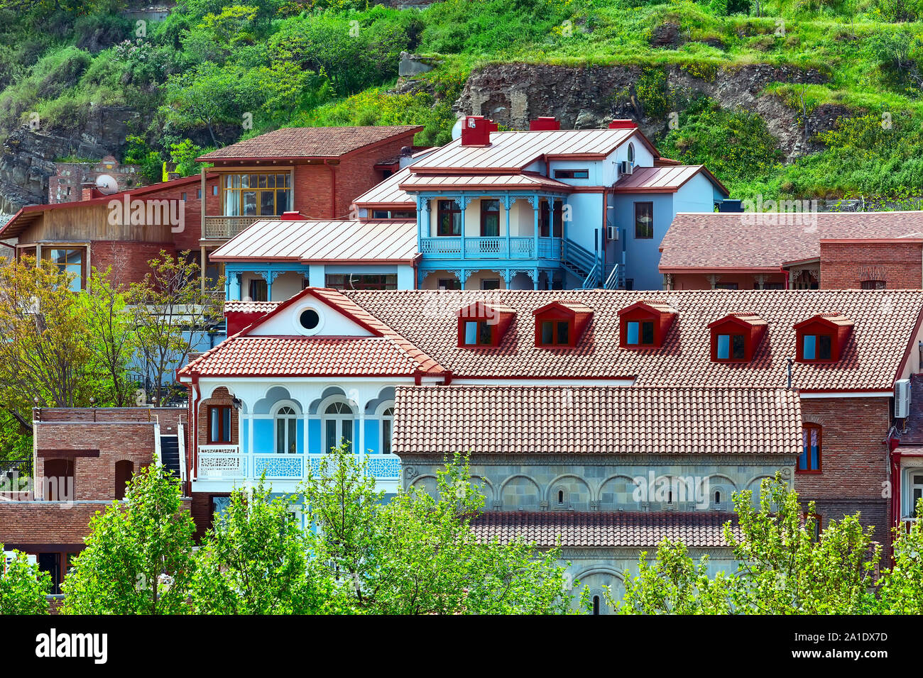 aerial view with houses with traditional wooden carving balconies of Old Town of Tbilisi, Republic of Georgia Stock Photo