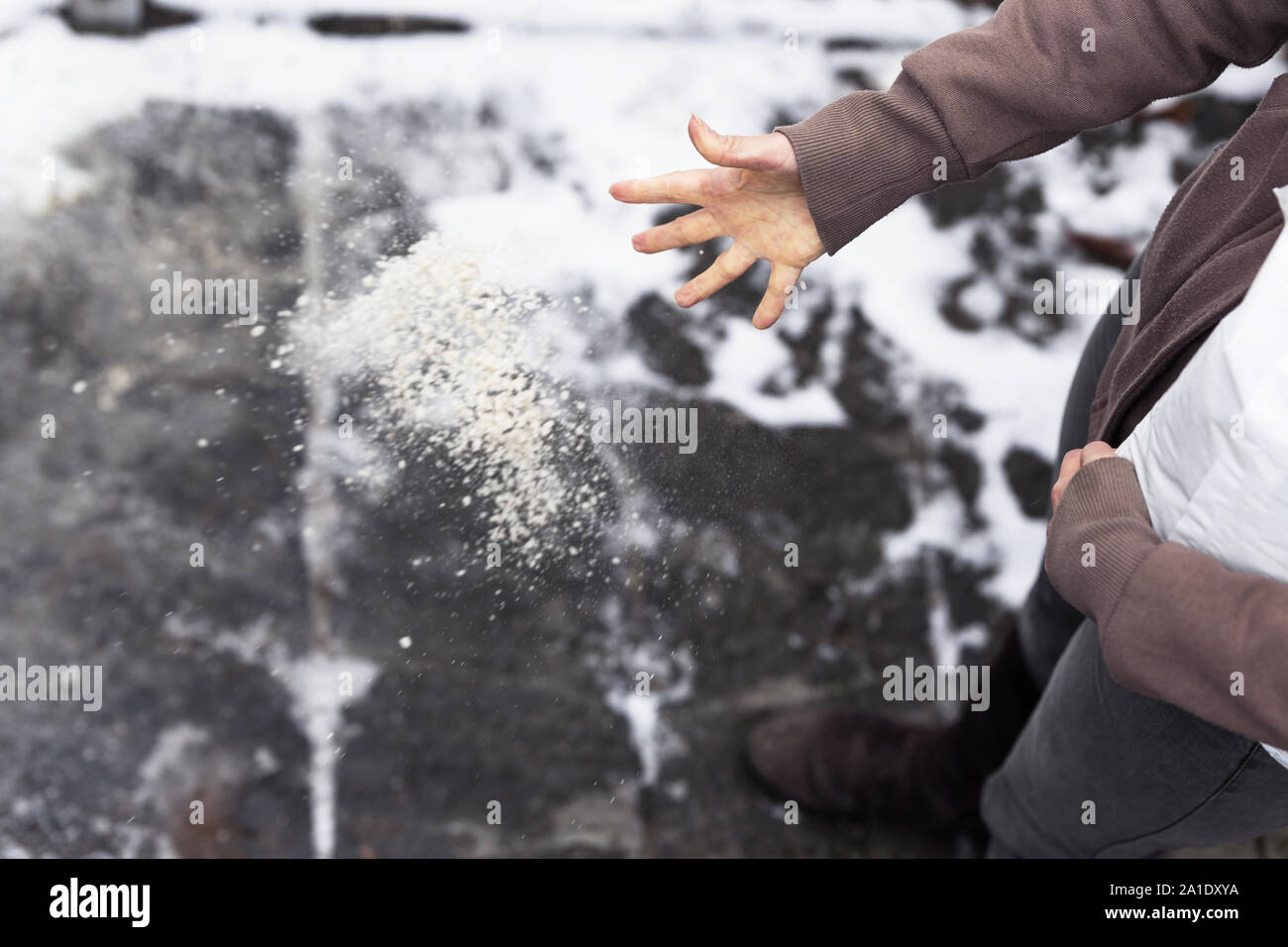 Woman descends her stairs in front of home with salt grit Stock Photo