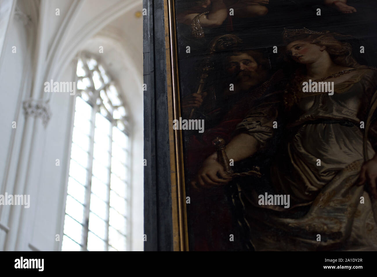 Detail of a Flemish 16th century painting and window as seen in the Cathedral of Our Lady, Antwerp, Flanders, Belgium. Stock Photo