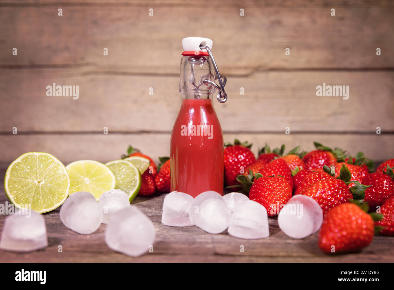 fresh smoothie or juice of strawberries, lime and icecubes, copyspace Stock Photo