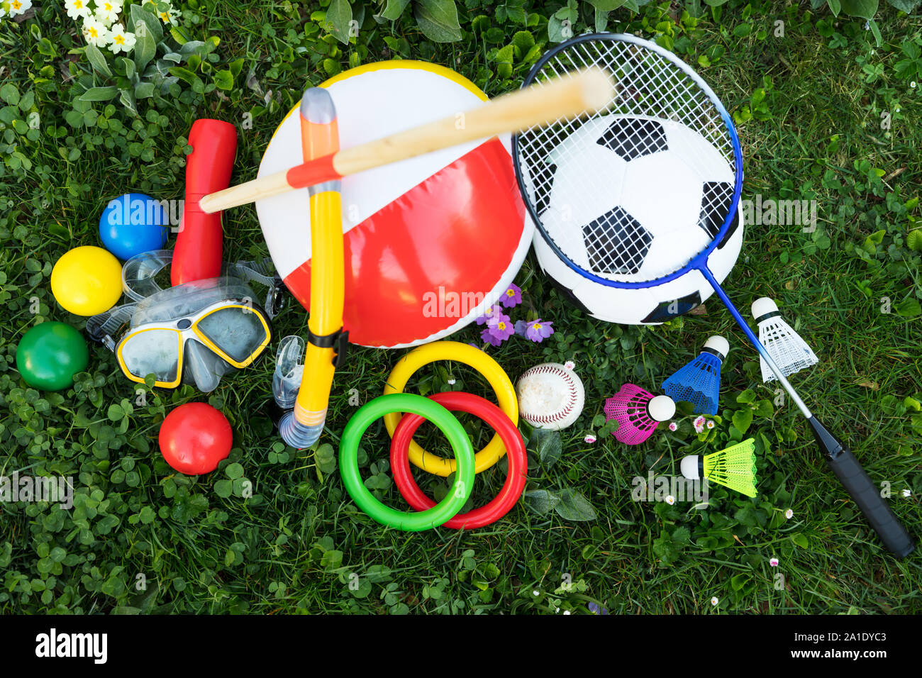 spring or  summer with various outdoor fun equipment, topview Stock Photo