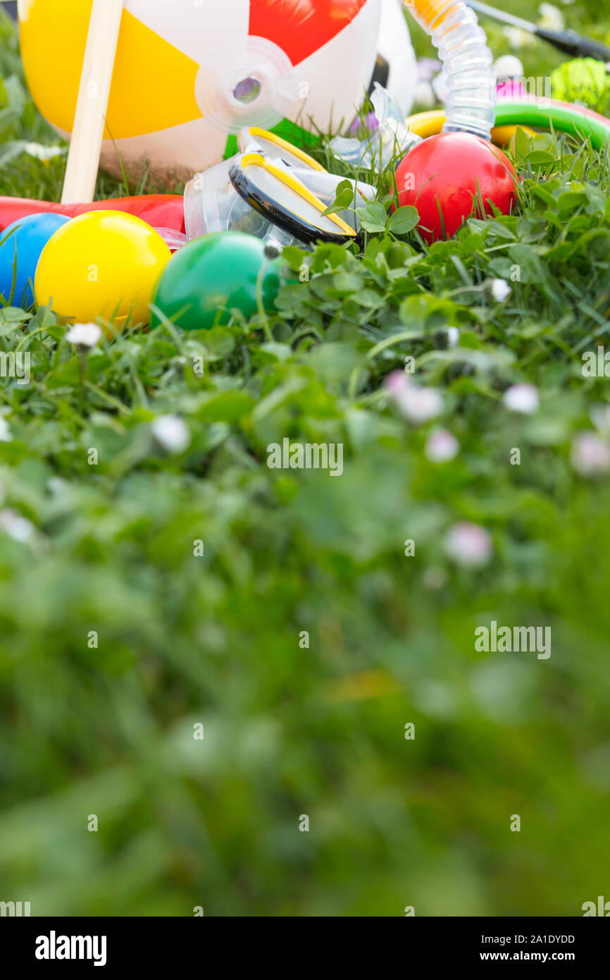 spring or summer with various outdoor fun equipment, green meadow Stock Photo