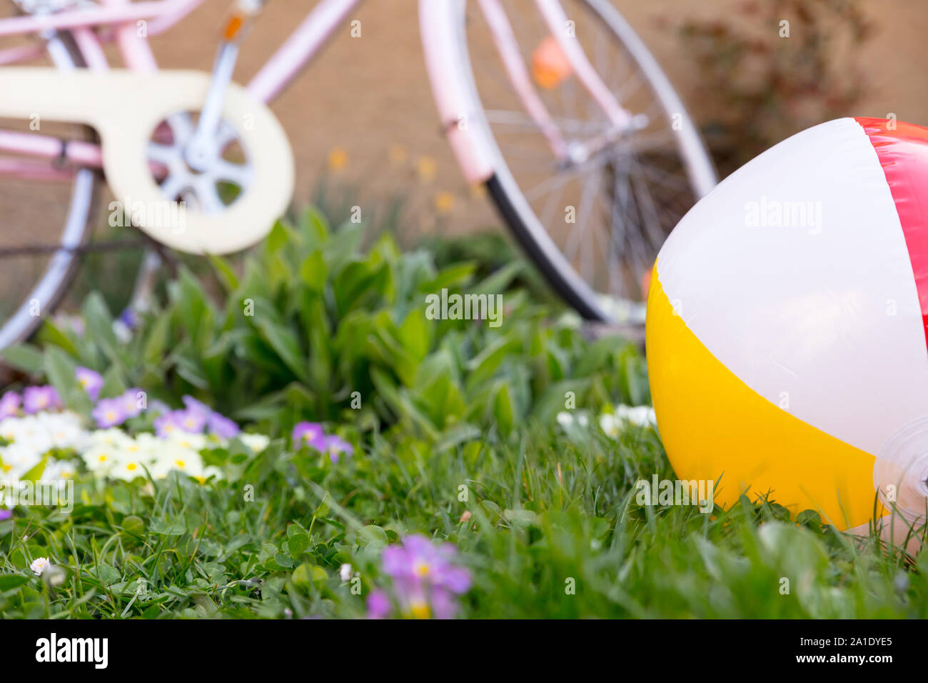 a waterball and a bicycle on a green meadow Stock Photo