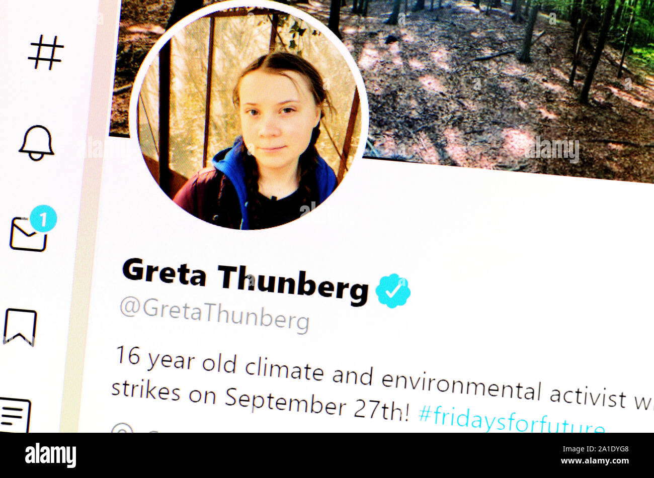 Twitter page (Sept 2019) Greta Thunberg - climate and environmental activist, organiser of school strikes for climate Stock Photo