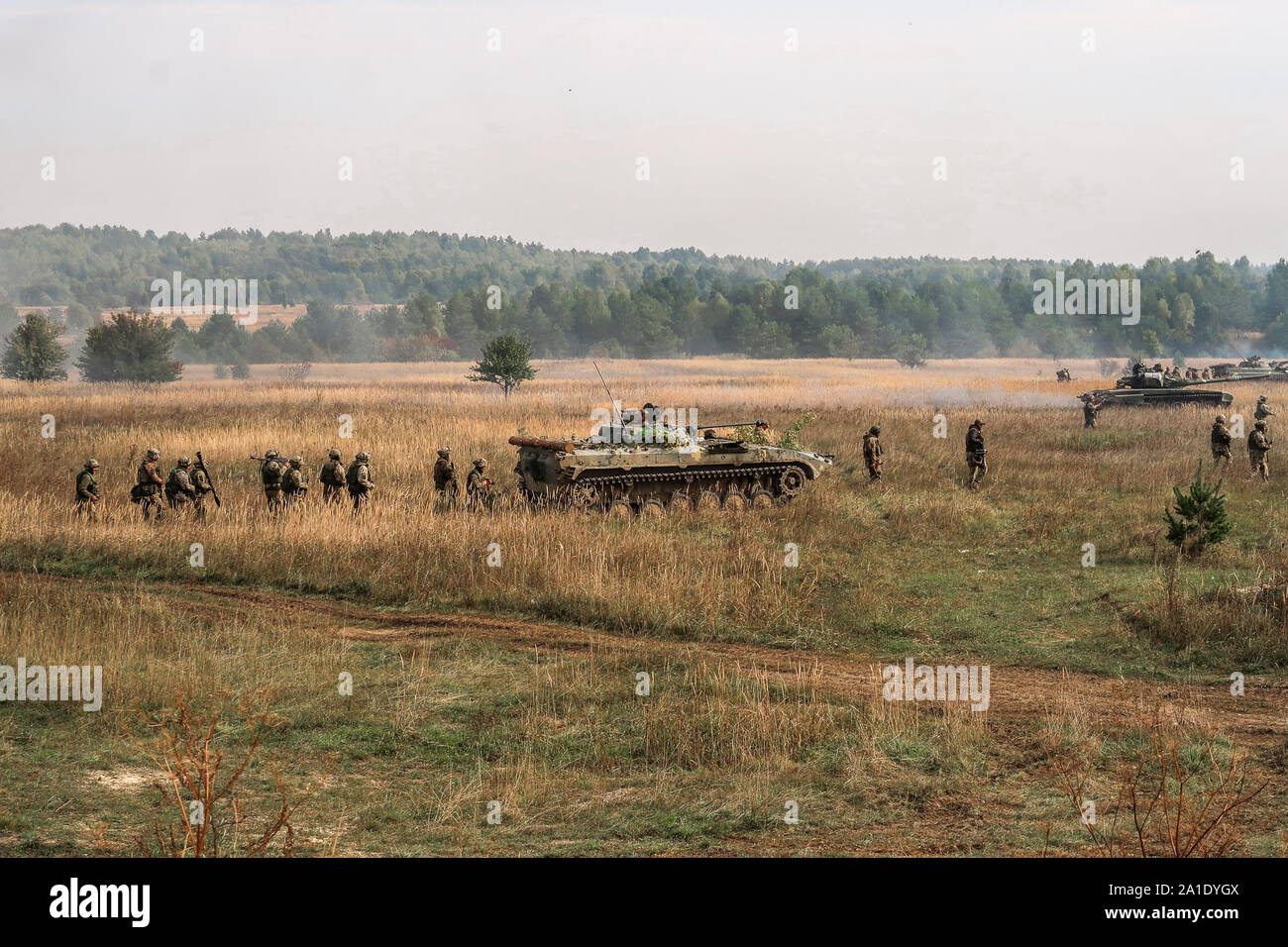 The 10th Mountain Assault Brigade conducts combined arms operations during their brigade field training exercise (FTX) at Combat Training Center-Yavoriv, Sept. 25 2019. Stock Photo