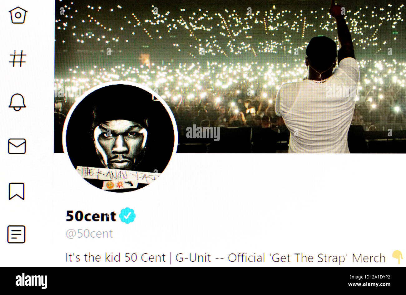 Twitter page (Sept 2019) 50cent (Curtis James Jackson II) rapper and actor Stock Photo
