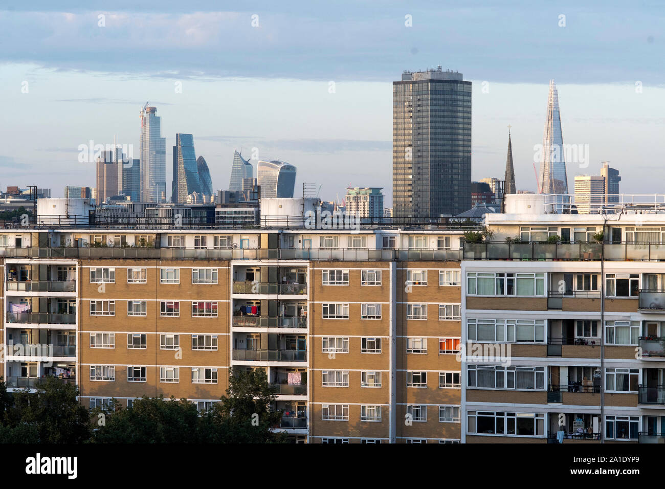 Churchill Gardens housing estate in the Pimlico area of Westminster, London, UK, with the City