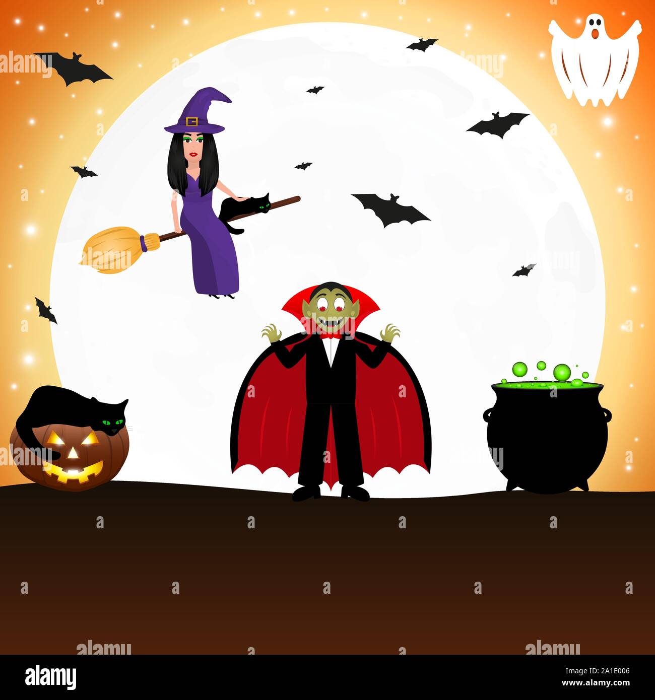 Witch with a cat on a broomstick for Halloween against the background of the moon with bats. Stock Vector