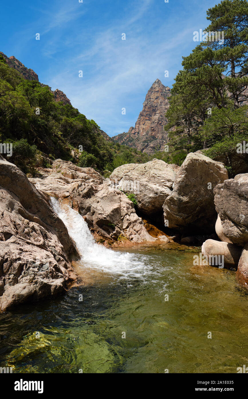 Capu Casconi / Vallée de Lonca /  Lonca valley waterfall landscape and natural swimming pool, Spelunca Gorge / Gorges de Spelunca, Ota, Corsica France Stock Photo