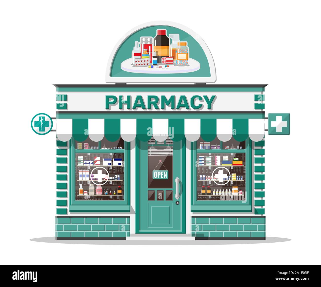 Facade pharmacy or drugstore with signboard Stock Vector
